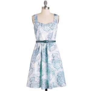 ModCloth Mint and White Map-Print Sleeveless Fit-and-Flare Mini Dress